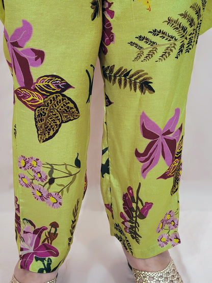 Green Georgette Kaftan with Pants. Beads and thread work on neckline. Printed Pants.