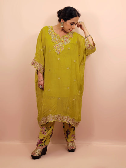 Green Georgette Kaftan with Pants. Beads and thread work on neckline. Printed Pants.