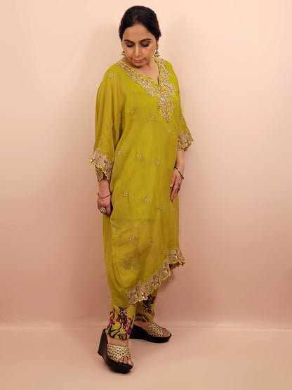 Green Georgette Kaftan with Pants. Beads and thread work on neckline. Printed Pants.
