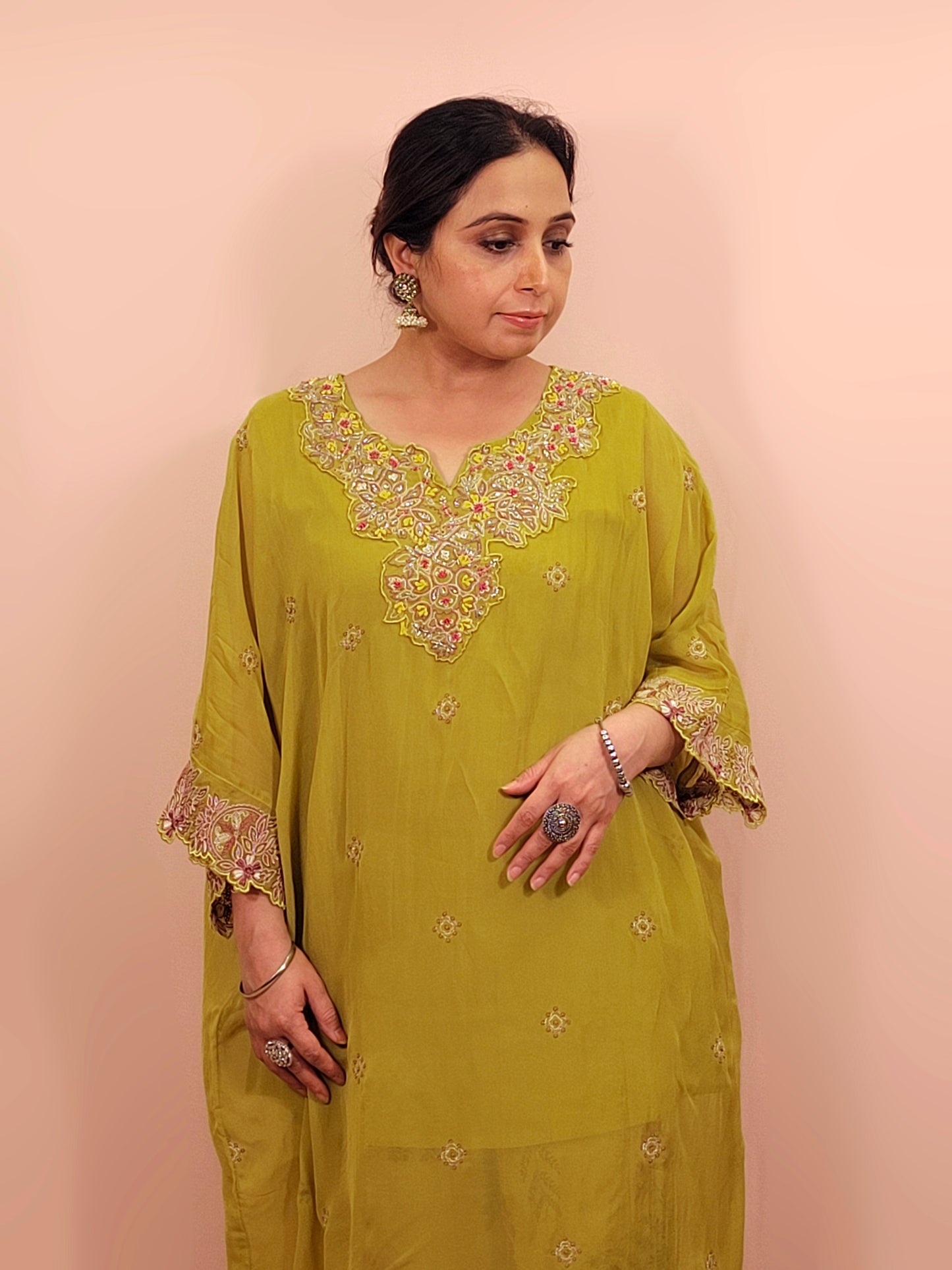 Green Georgette Kaftan with Pants. Beads and thread work on neckline. Printed Pants.