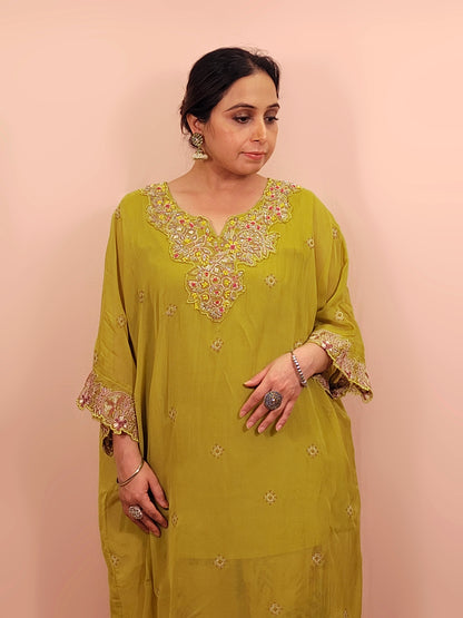 Green Georgette Kaftan with Pants. Beads and thread work on neckline. Printed Pants.