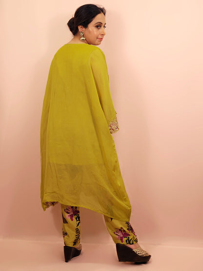 Green Georgette Kaftan with Pants. Beads and thread work on neckline. Printed Pants.