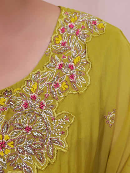 Green Georgette Kaftan with Pants. Beads and thread work on neckline. Printed Pants.